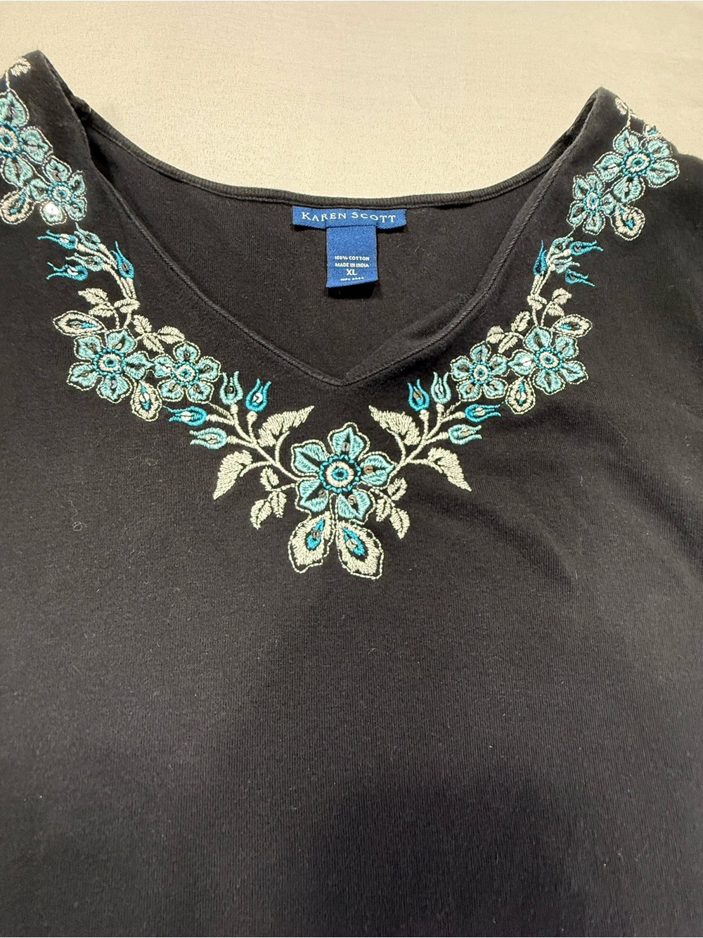 Karen Scott Black V-Neck Tank with Teal Floral Embroidery - Picture 4 of 6